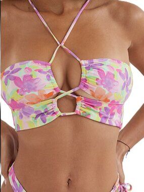 For Love & Lemons Cydney Bandeau Bikini Top Watercolor Floral New